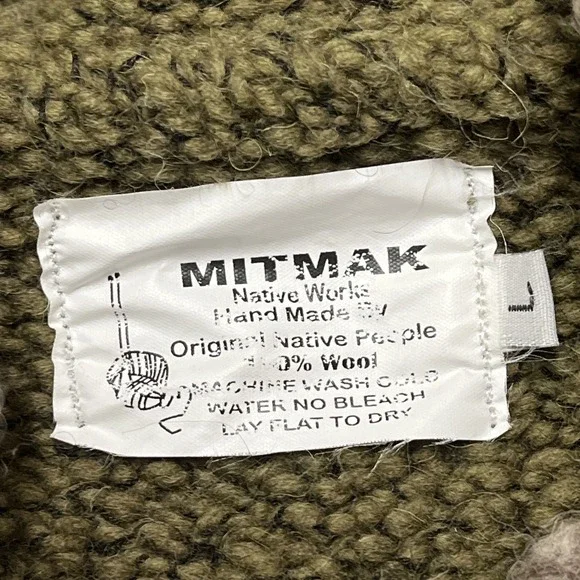 Mitmak Jacket Womens L Green Wool Cable‎ Knit Faux Fur Trim Hooded Indie Boho